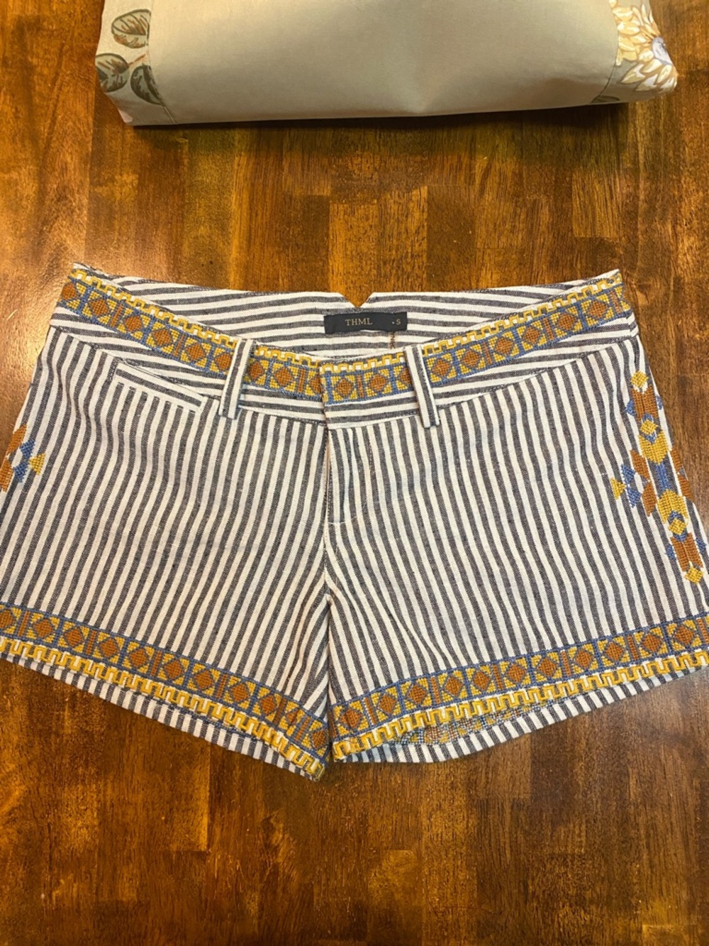 THML Navy and White Striped Low Rise Shorts with  Embroidered Trim